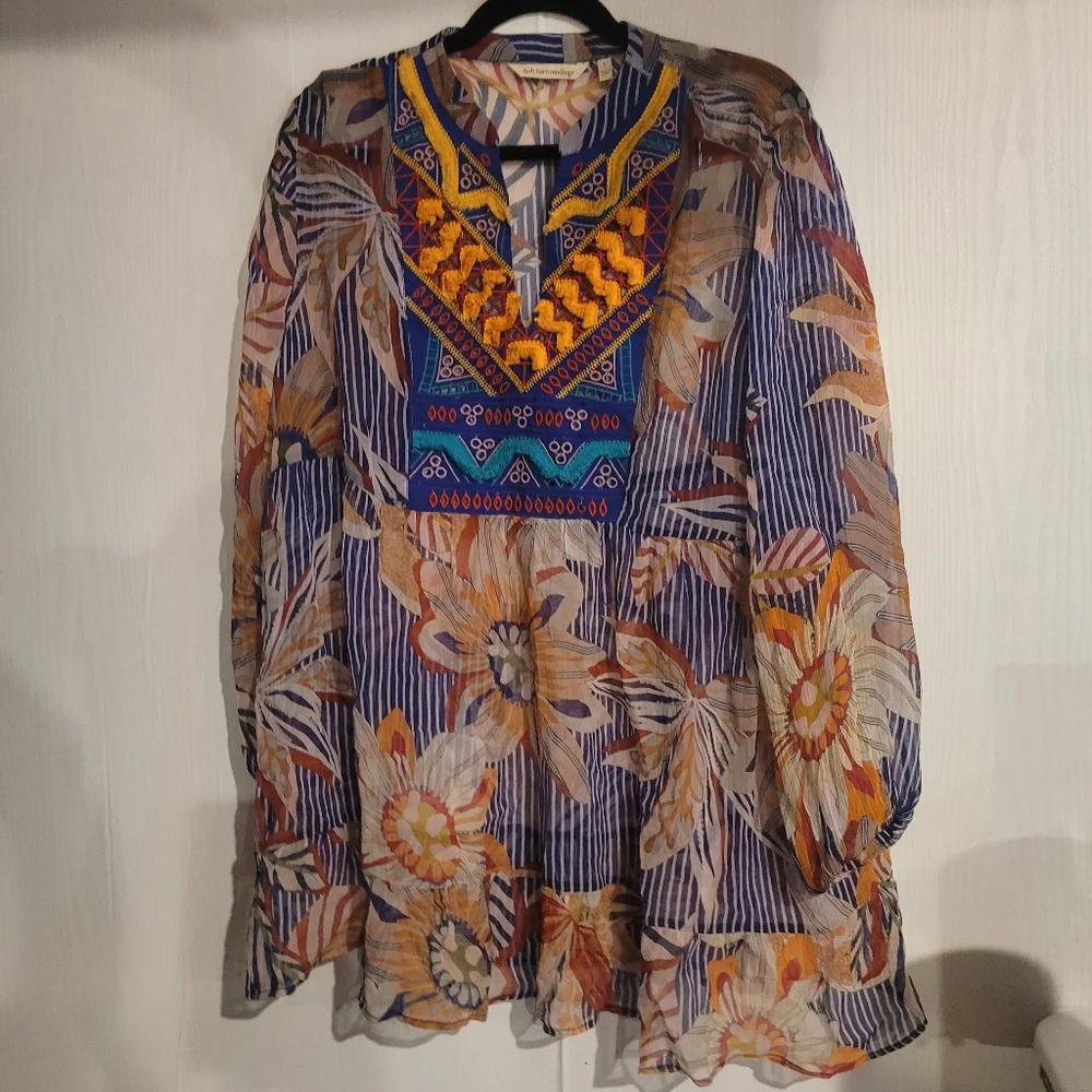Soft Surroundings Tory Tunic Boho Floral Stripe Print Top Tassel Sheer Sz Large - Picture 11 of 15